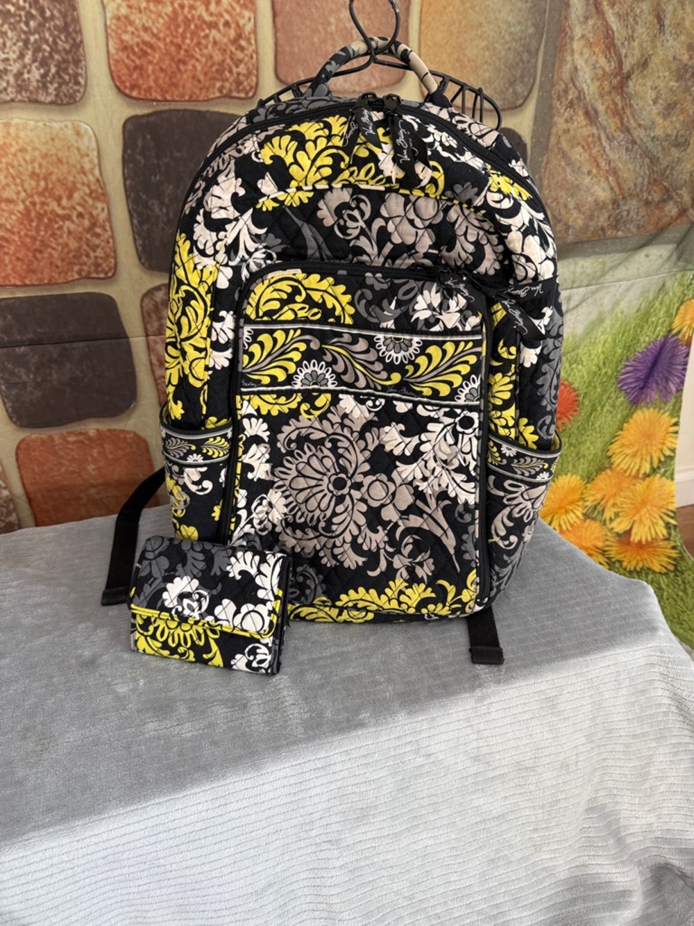 Vera Bradley Quilted Floral Backpack Yellow, Black & Gray with matching wallet